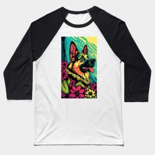 German Shepherd Dog Vibrant Tropical Flower Tall Retro Vintage Digital Pop Art Portrait 2 Baseball T-Shirt